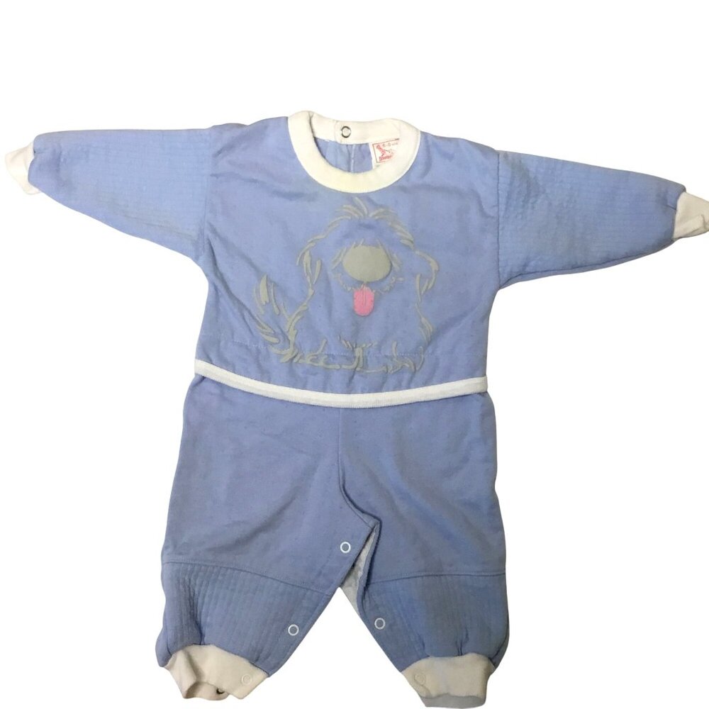 BUSTER BROWN Baby Romper 6–9M Blue Puppy Snap Suit Made USA Vintage 80s VBC